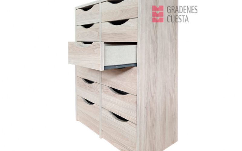 Cajonera alta de de doce cajones en dos columnas paralelas en color marfil con cajón abierto